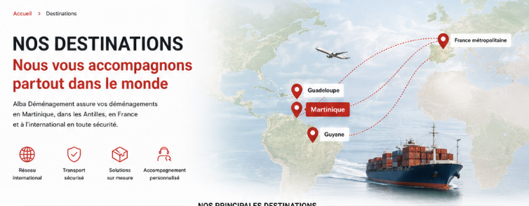 Zone d’intervention Alba Déménagement entre la Martinique, les Antilles et la France